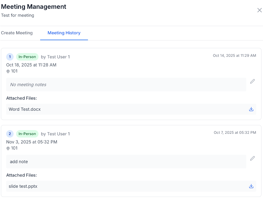 Meeting Details with File Attachments and Notes