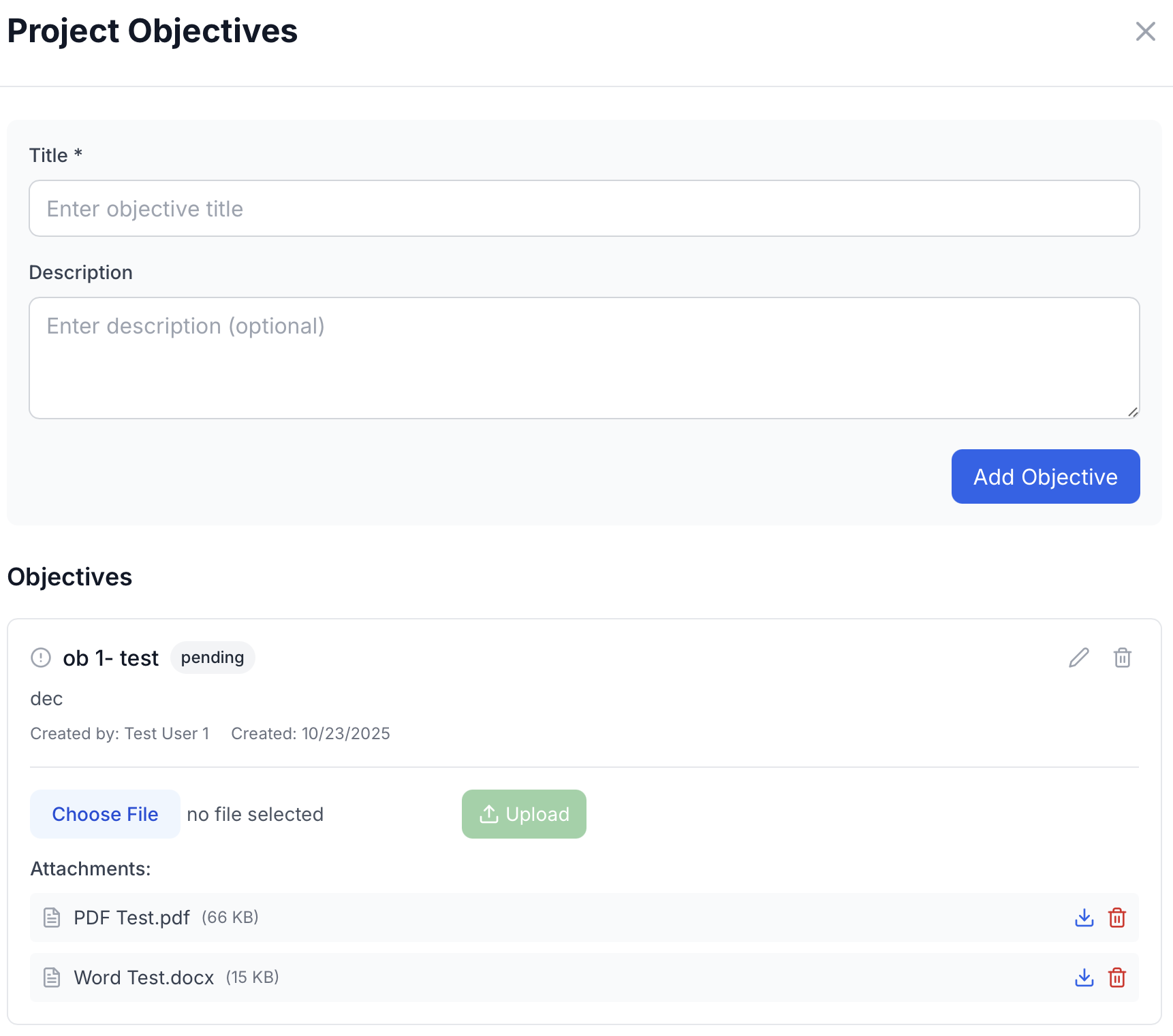 Project Objectives with File Attachments